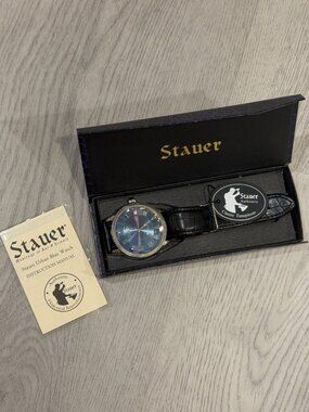 NIB Stauer Urban Blue Watch Men Silver Tone Date 44mm Blue Dial Leather